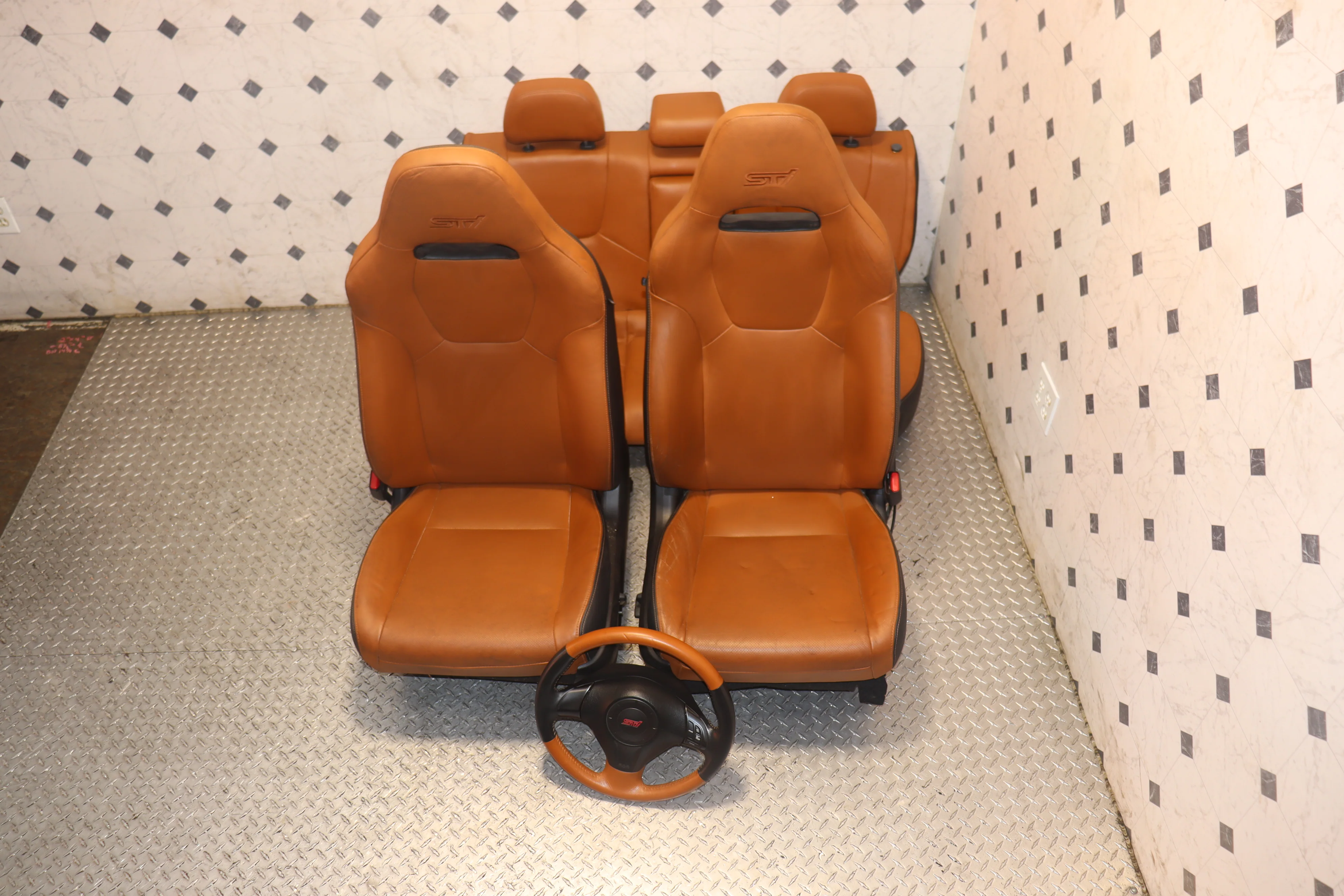 JDM 2008 - 2014 SUBARU IMPREZA WRX STI PREMIUM GRB GVF COMPLETE FRONT AND REAR LEATHER POWER SEATS W/ STEERING WHEEL